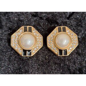 Vintage Swarovski SALO Gold Tone Faux Pearl & Crystal Octagonal Clip-On Earrings